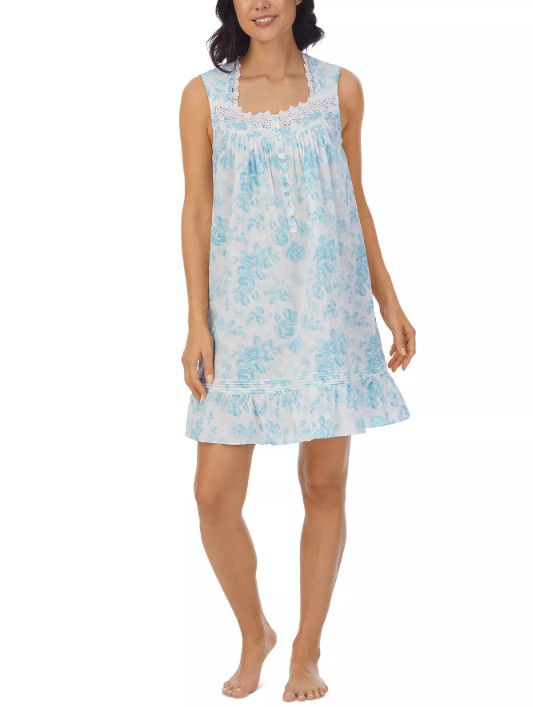 EILEEN WEST E5325037 AQUA ROSE SLEEVELESS COTTON LAWN CHEMISE NIGHTGOWN ~ MEDIUM