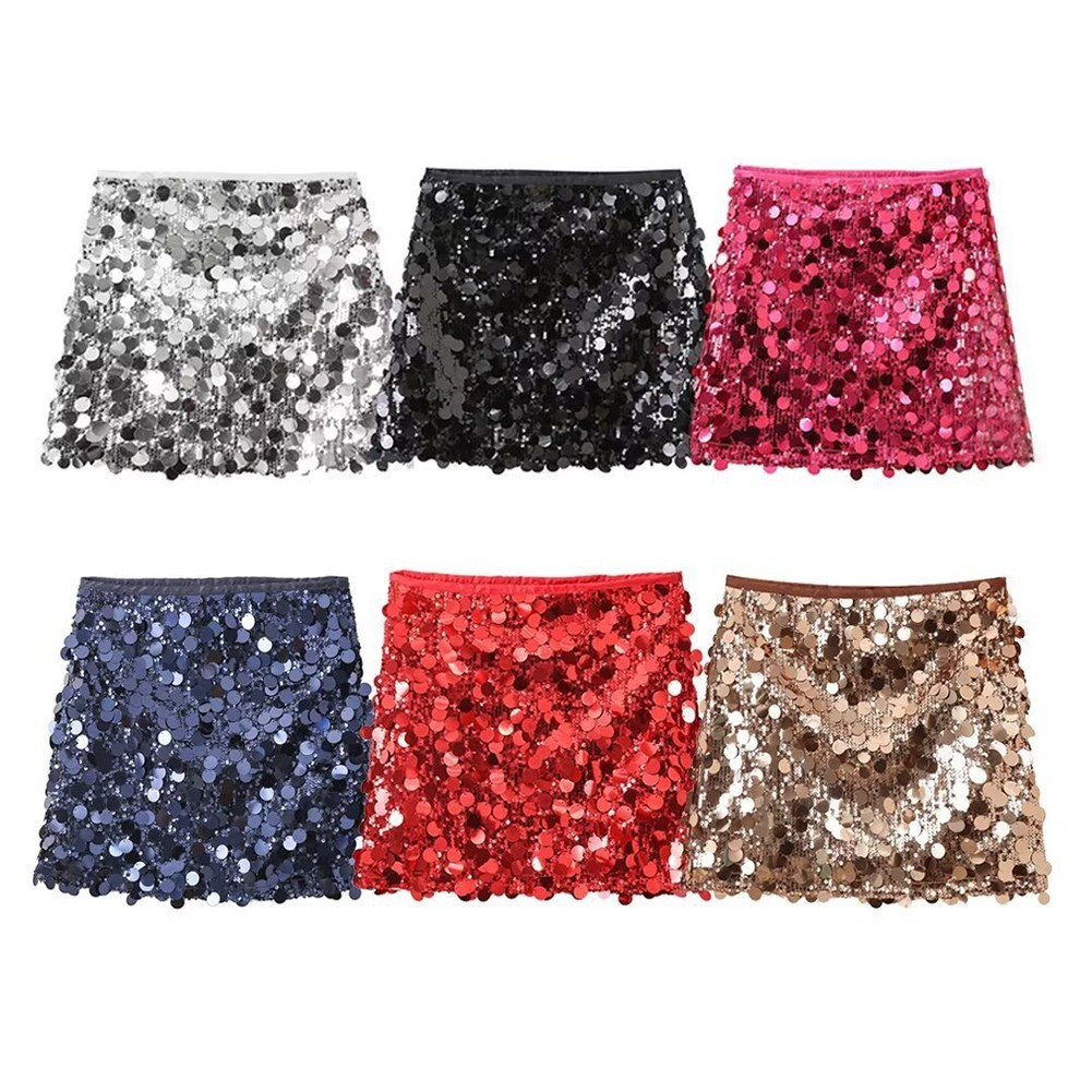 Daily Wear Party Attire Sparkly Sequins Skirt Mid-rise Skirt Solid Color Pattern