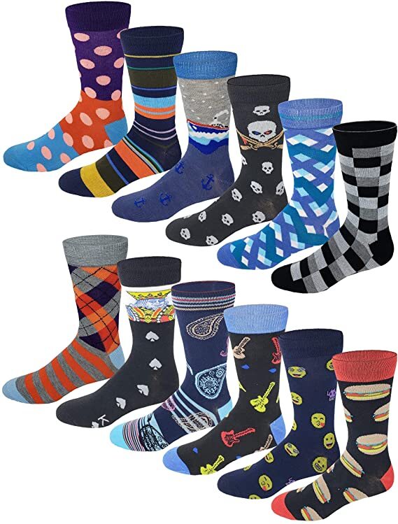 Different Touch 12 Pairs Men’s Assorted Fancy Design Crew Socks 10-13