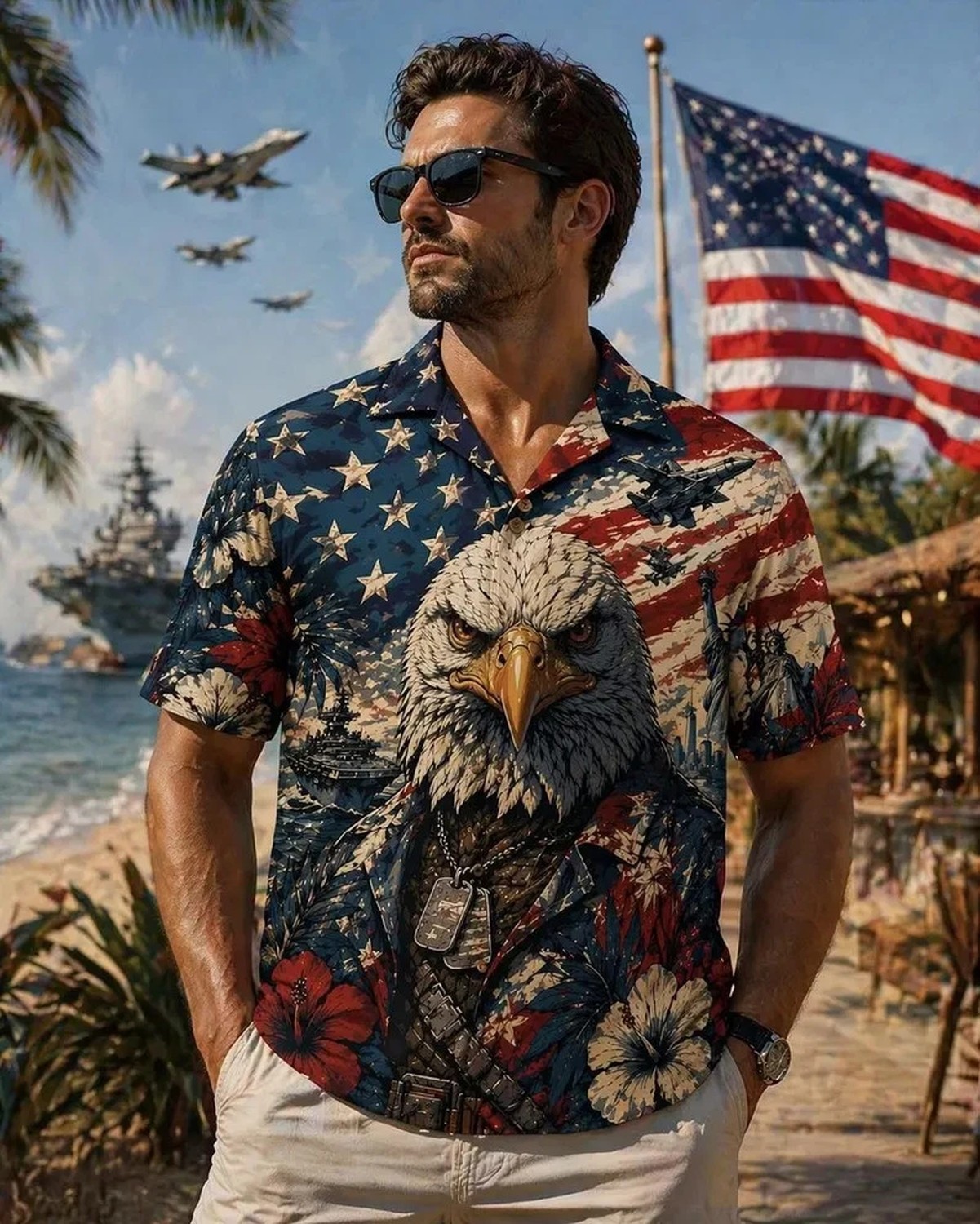 Patriotic USA 250th Anniversary Hawaiian Shirt Mens Aloha 4th Of July Button