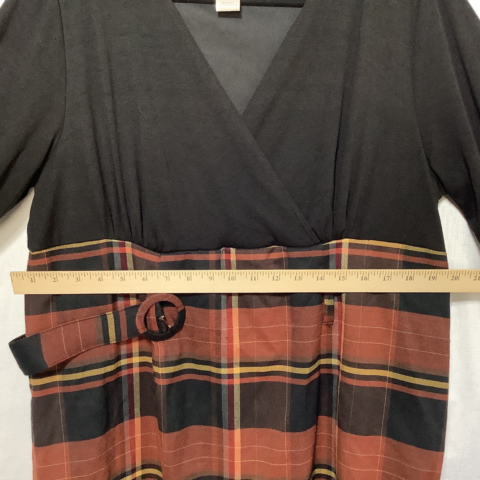Monroe & Main Belted Midi Dress Vtg Size 18W Plaid Black Brown Yellow USA-Made