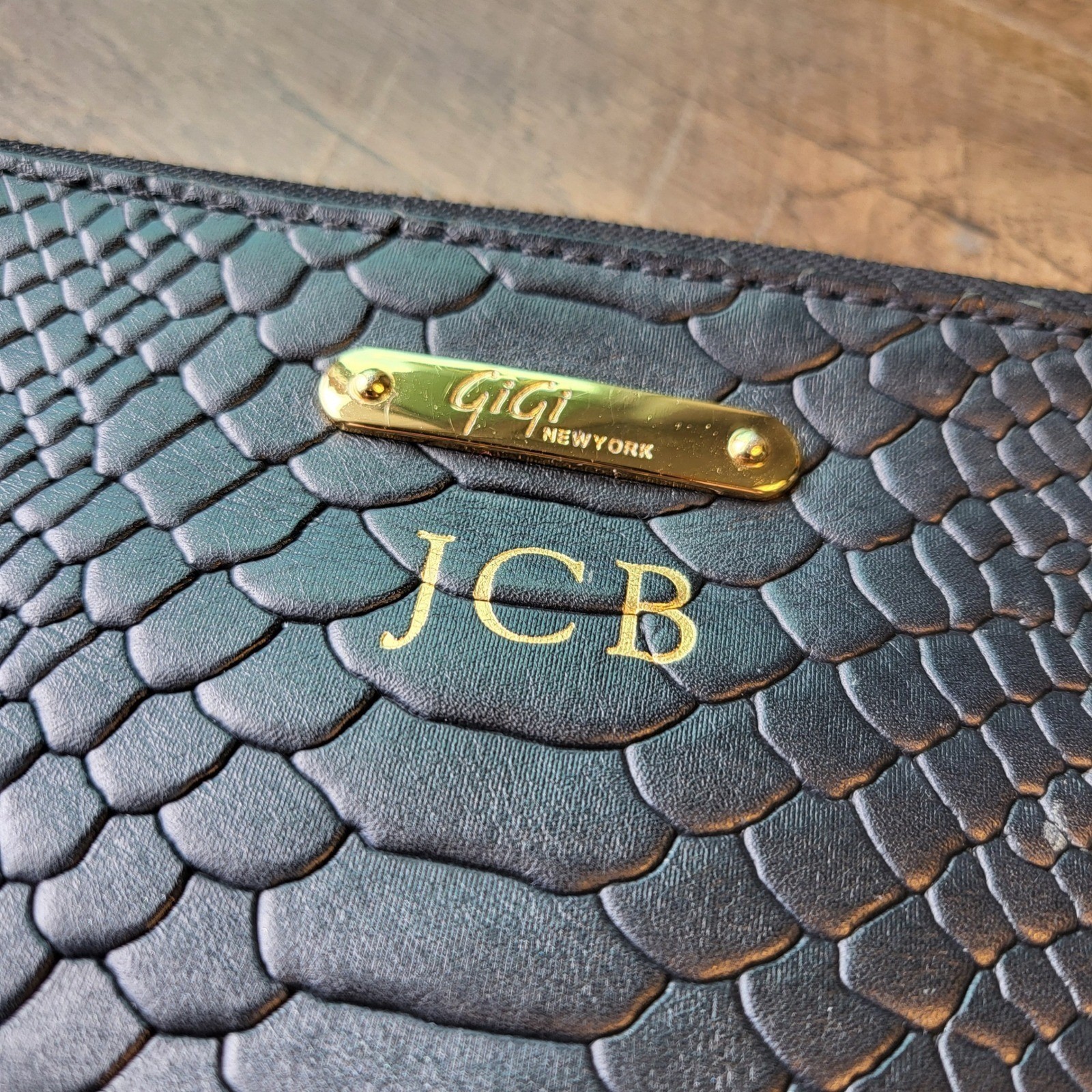 GiGi New York Black Python Embossed Leather Tassel Clutch Monogram JCB