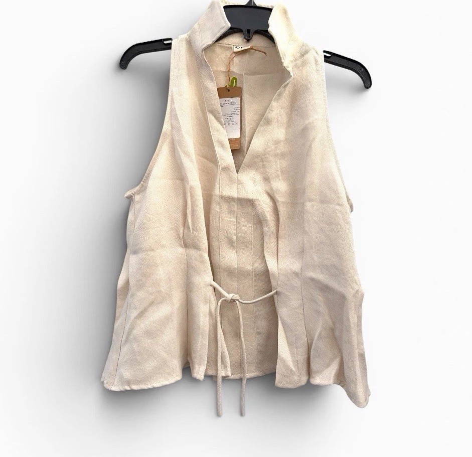 OGL Viscose-Linen Weave Collared V-neck Pleated Sleeveless Top with Drawstring L