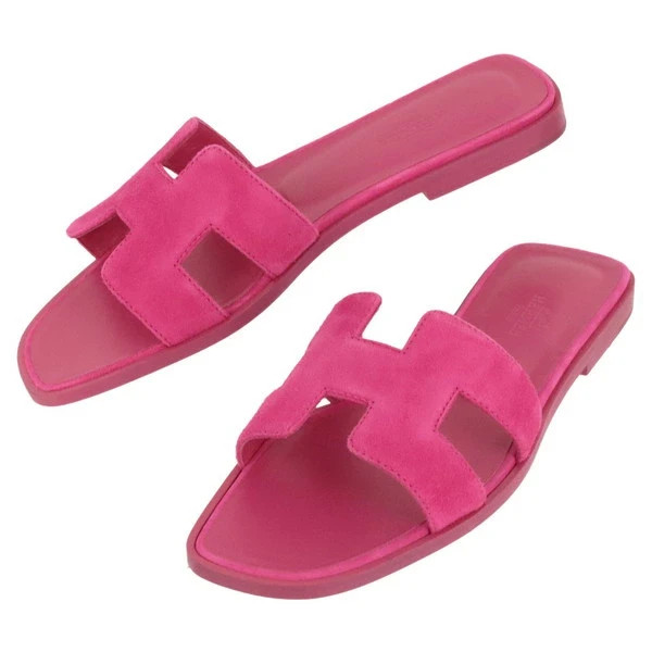 New Auth HERMES ORAN SANDAL Velor Chevre leather Pink Flat 37 size Women