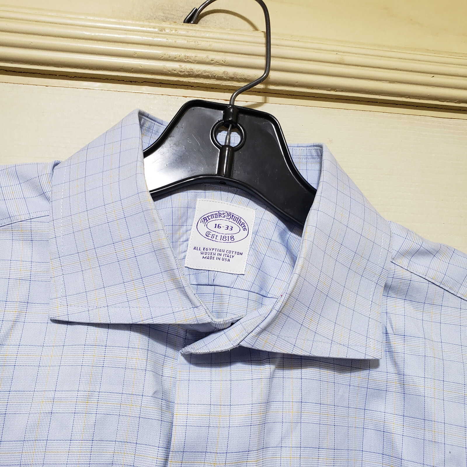 Brooks Bros Shirt Mens 16 33 Blue Check Work Office Cutaway USA Egyption Vtg Dad