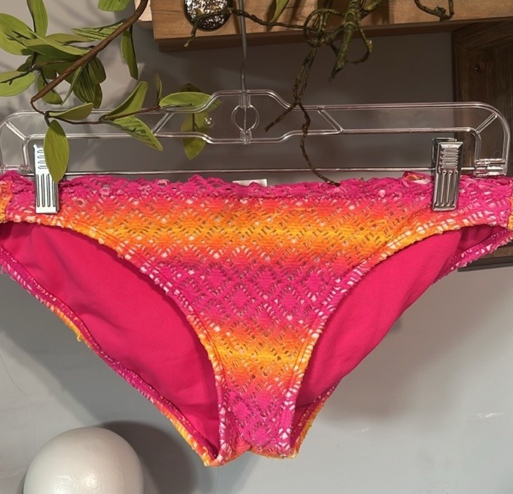 Crochet Lace Colorful Bikini Set Orange Pink Yellow Top S Bottoms M Retro