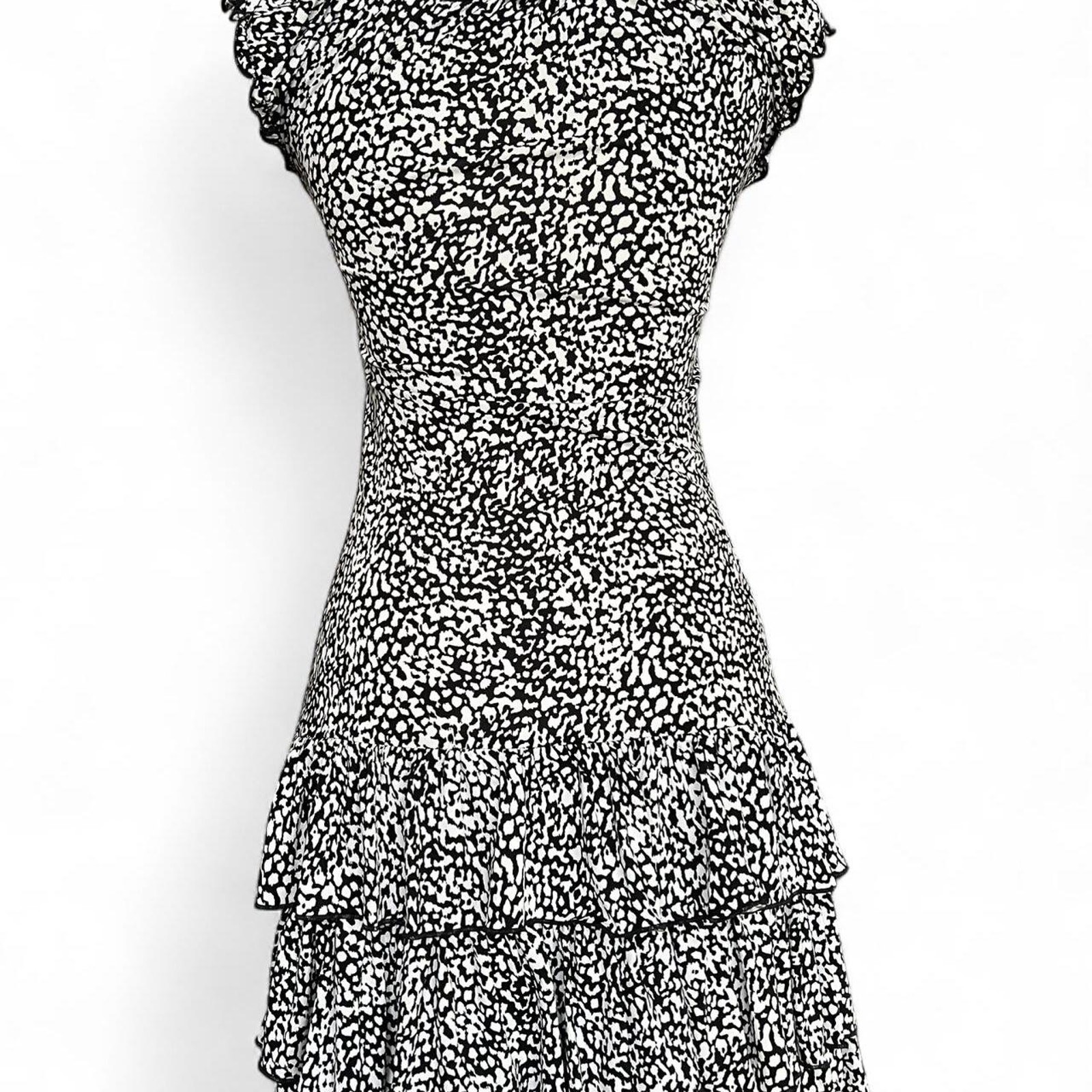 Morgan de Toi Y2K Black White Ruffle Mini Dres XS Ruched V Neck Tiered Skirt