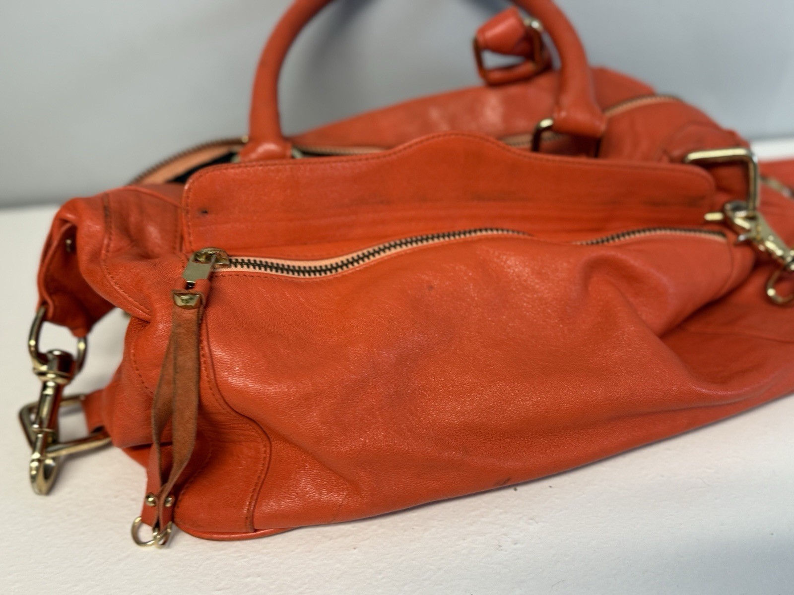 Rebecca Minkoff Leather M.A.B. Satchel Bag Orange Gold Hardware Crossbody