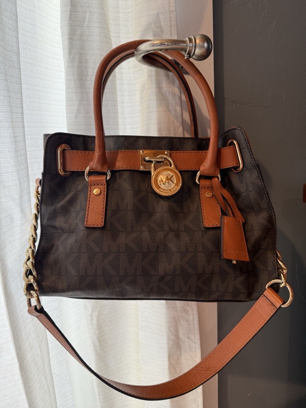 Michael Kors Brown Logo Satchel Top Handle Detachable Strap Gold Bottom Studs