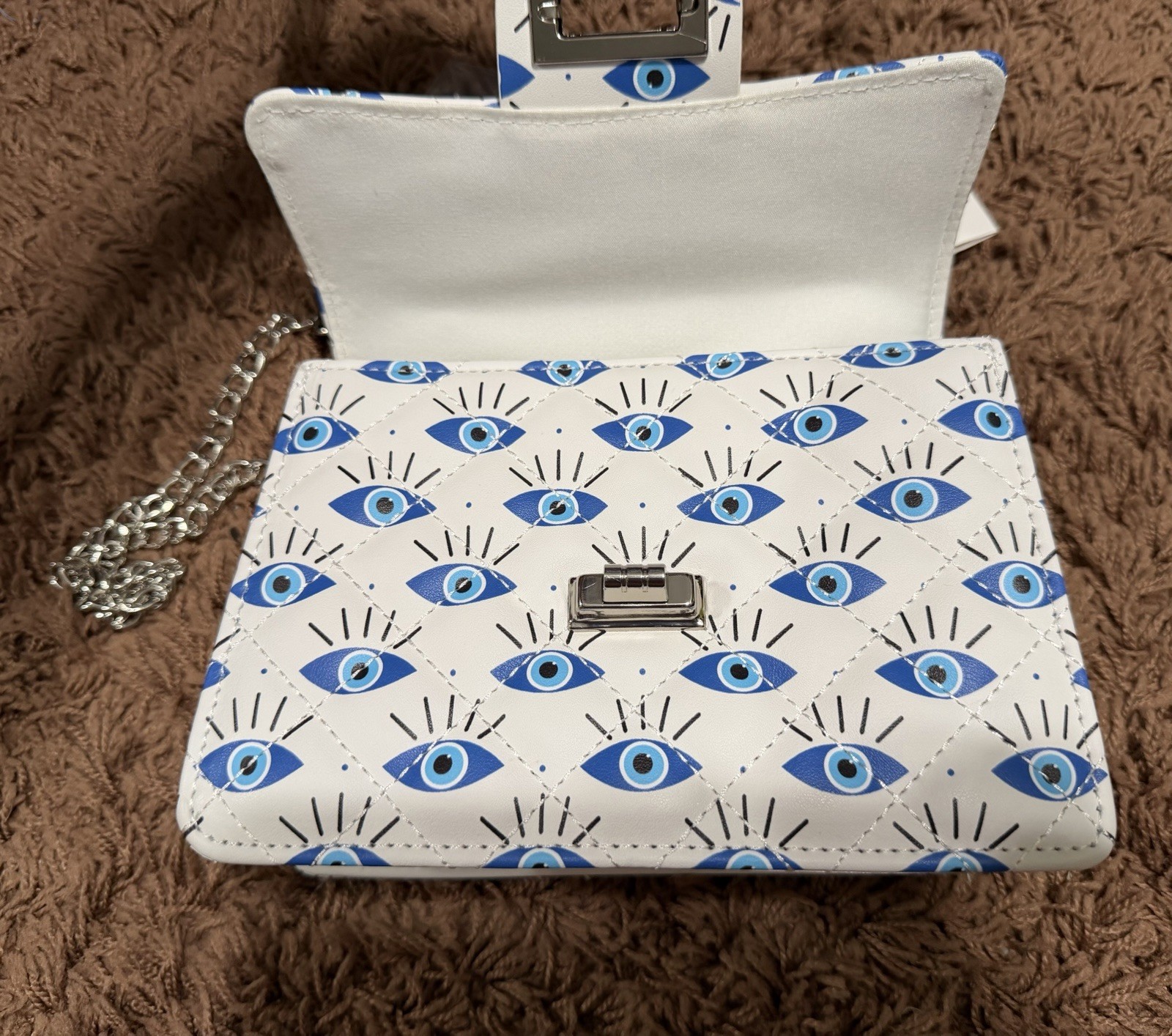 New White 100% Vegan Leather Evil Eye Crossbody Bag Detachable Chain Straps