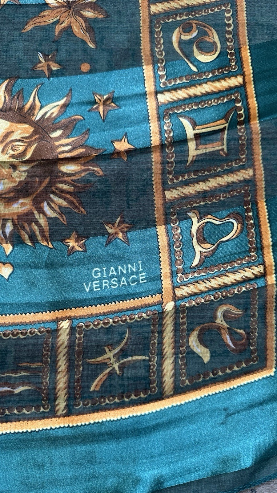 Gianni Versace Silk Astrological Square Scarf Green Gold Celestial Logo