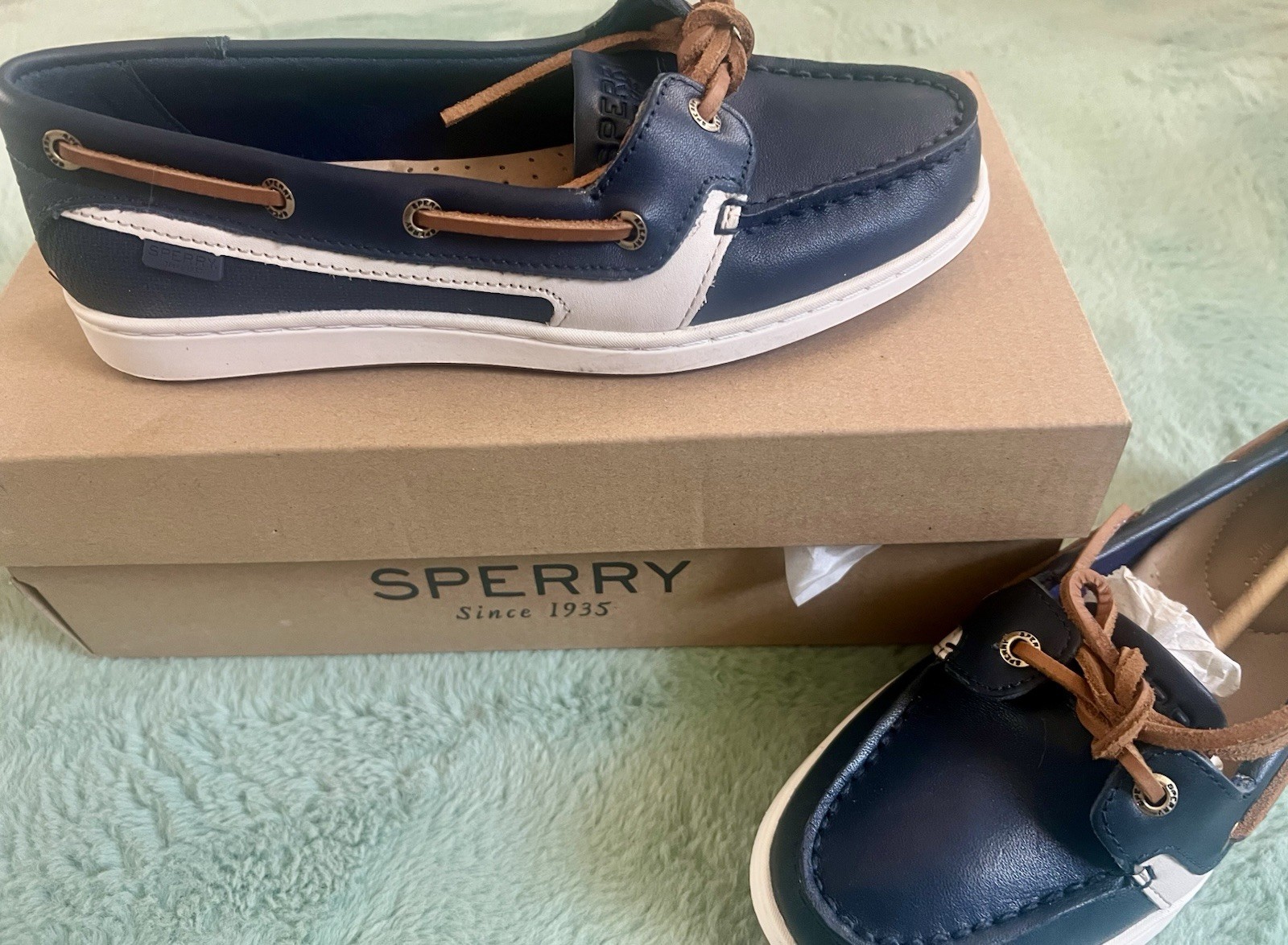 Sperry Top-Sider Starfish Leather Boat Shoes Navy/Tan Lace-Up 5M STS86211