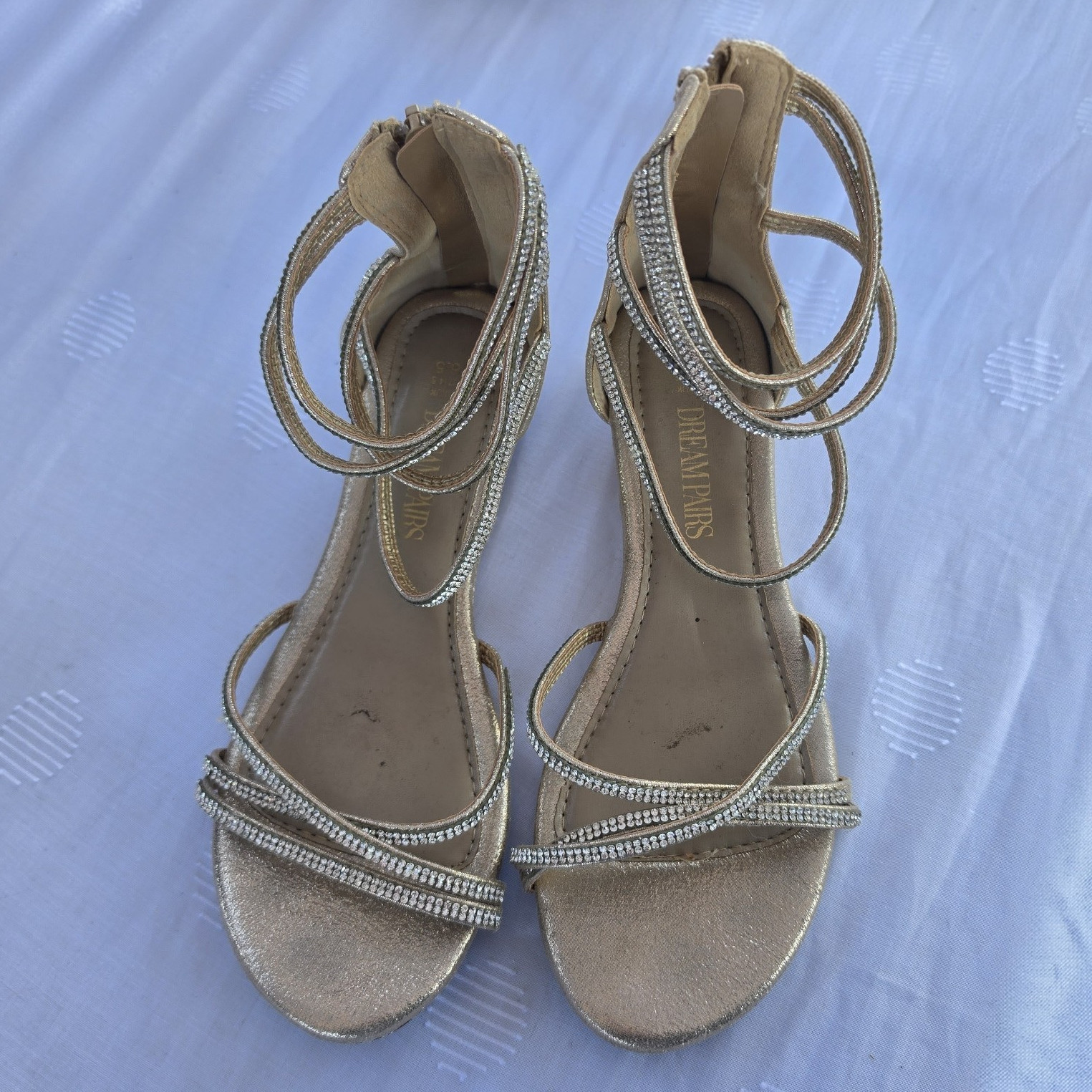 Dream Pairs Women’s Gold Strappy Open-Toe Rhinestone Ankle Strap Zip Sandals 6.5