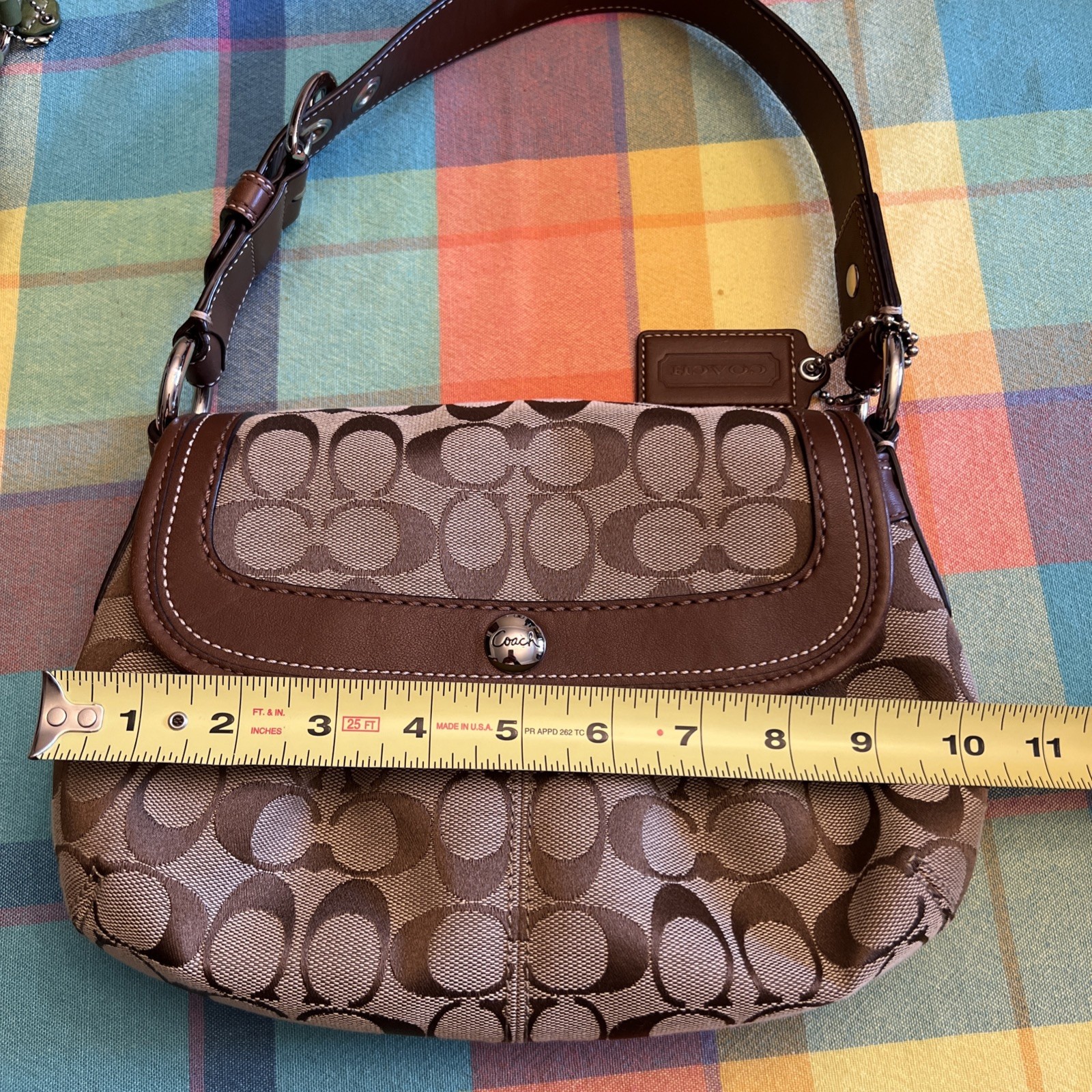 Authentic Coach F13738 Signature Flap Shoulder Bag Brown Khaki Jacquard Purse