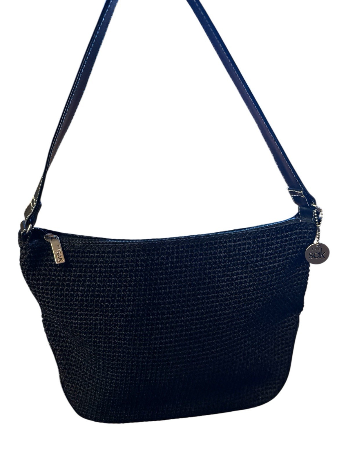 “The Sak Elliot Luca” Black Woven Bag 13 X 8.75 X 4” W/charm Excellent