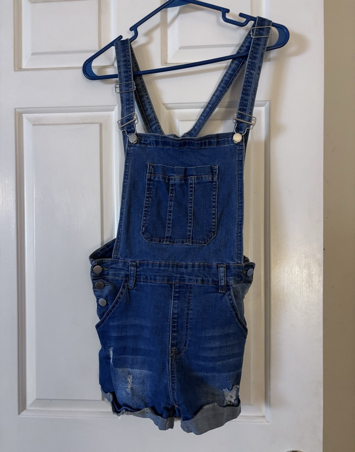 Women’s Blue Denim Overall Romper Shorts Size L, Pockets, Adjustable Straps