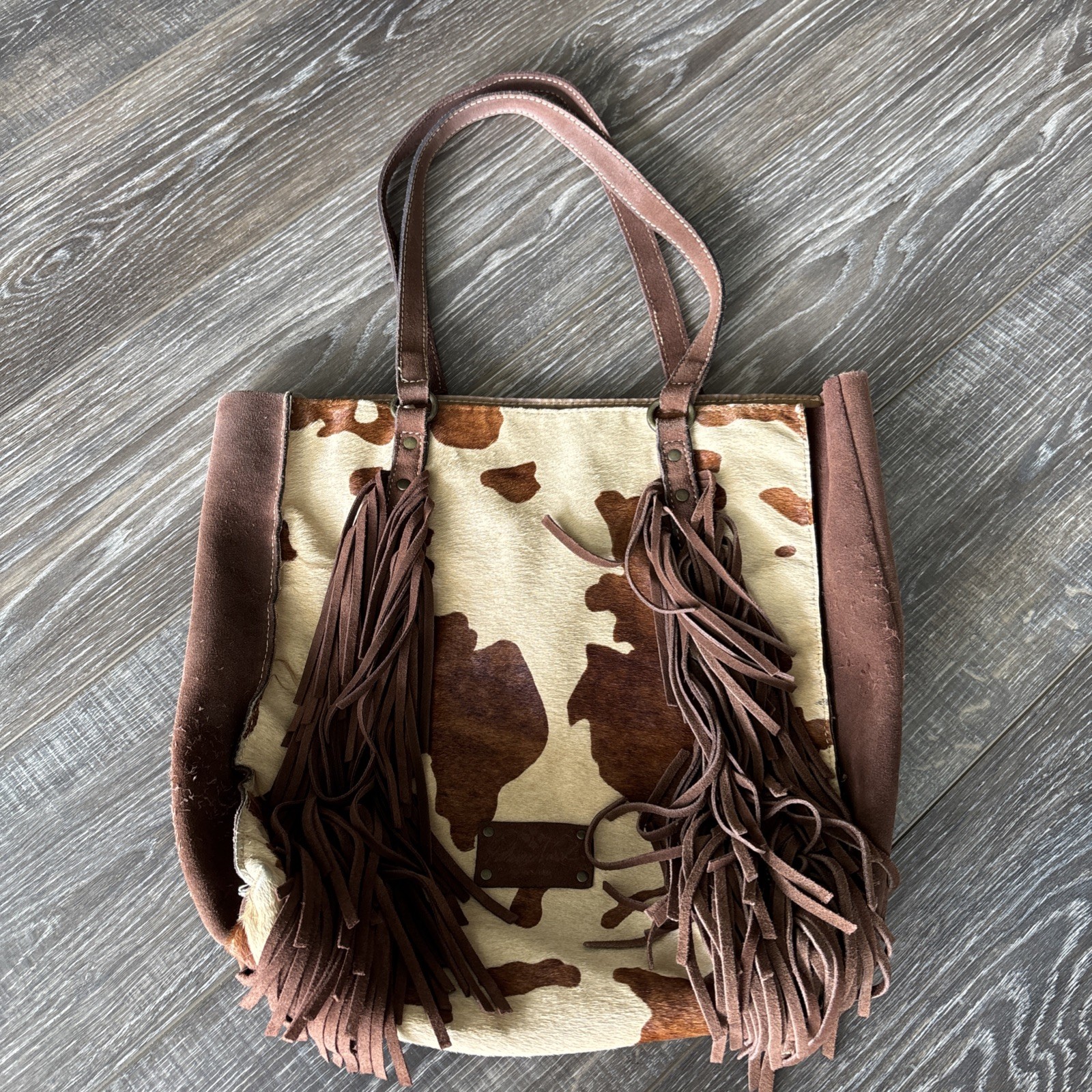 Patricia Nash Leather & Cowhide Print Mwith Leather Fringe Tote Purse – See Pics