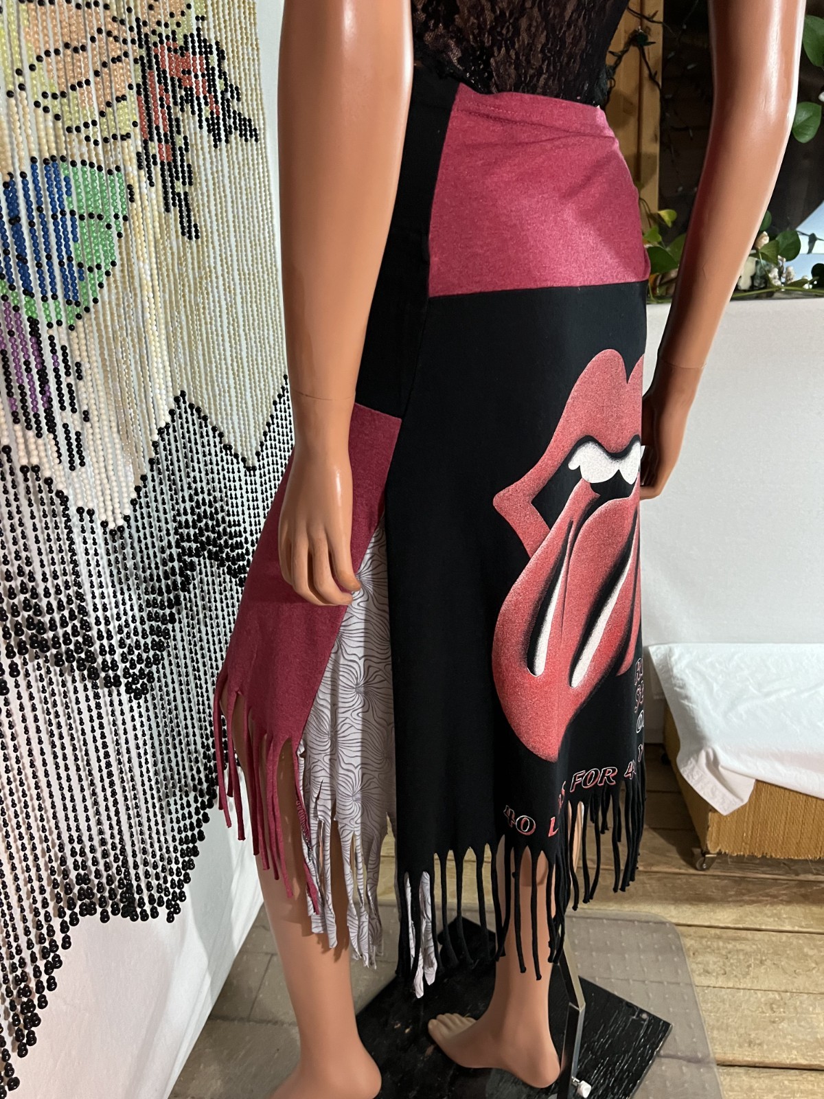 Handmade Skirt From 2003 Rolling Stone T-shirt Twist Waist Fringed Free Size REG