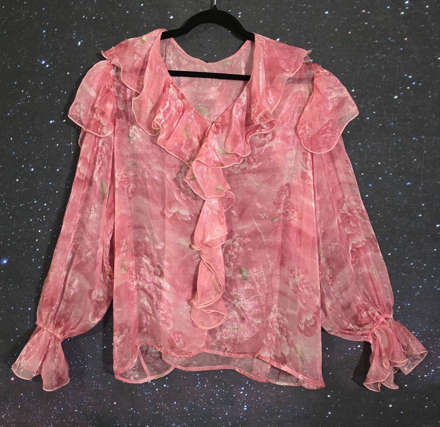 N by Niki XXL Pink Floral Shimmer Ruffle Blouse Sheer Long Sleeve Top MSRP $79