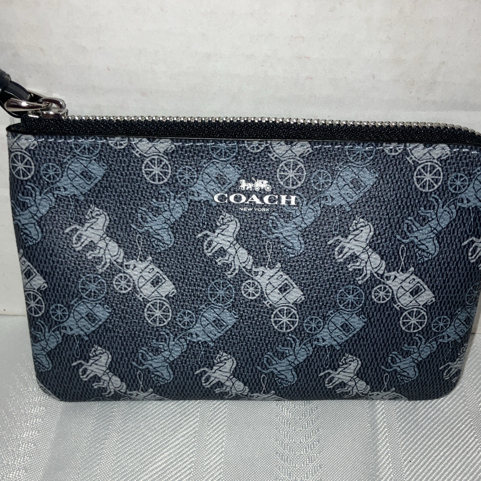 Coach Blue Logo Zip Wristlet Pouch Bag Small w/ Black Wrist Strap Silver HW