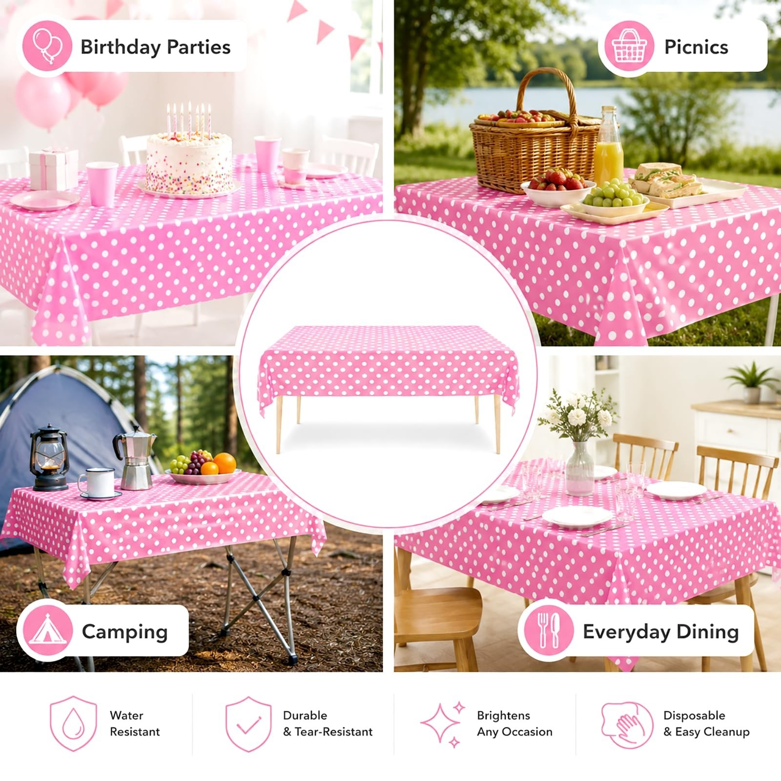 2 Pack Pink Polka Dot Tablecloth,Pink and White Tablecloths Disposable Plasti…