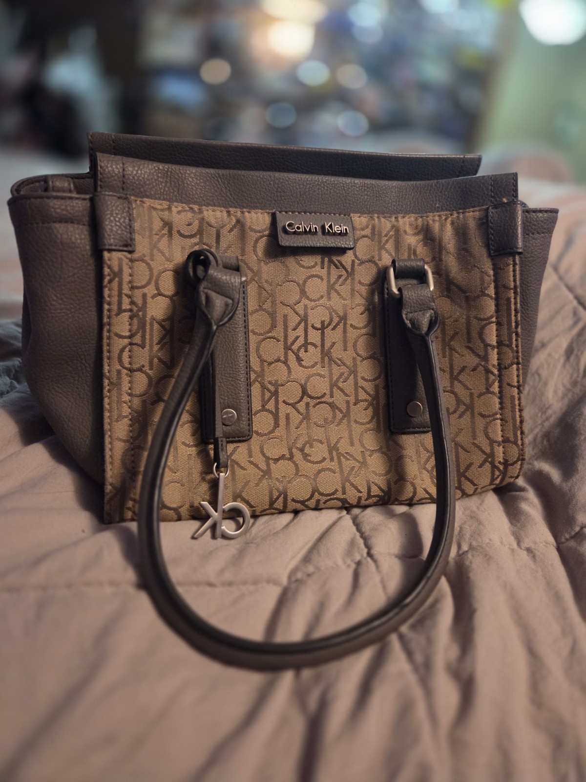 Calvin Klein CK Monogram Satchel Top Handle Bag Beige Brown Gold Hardware