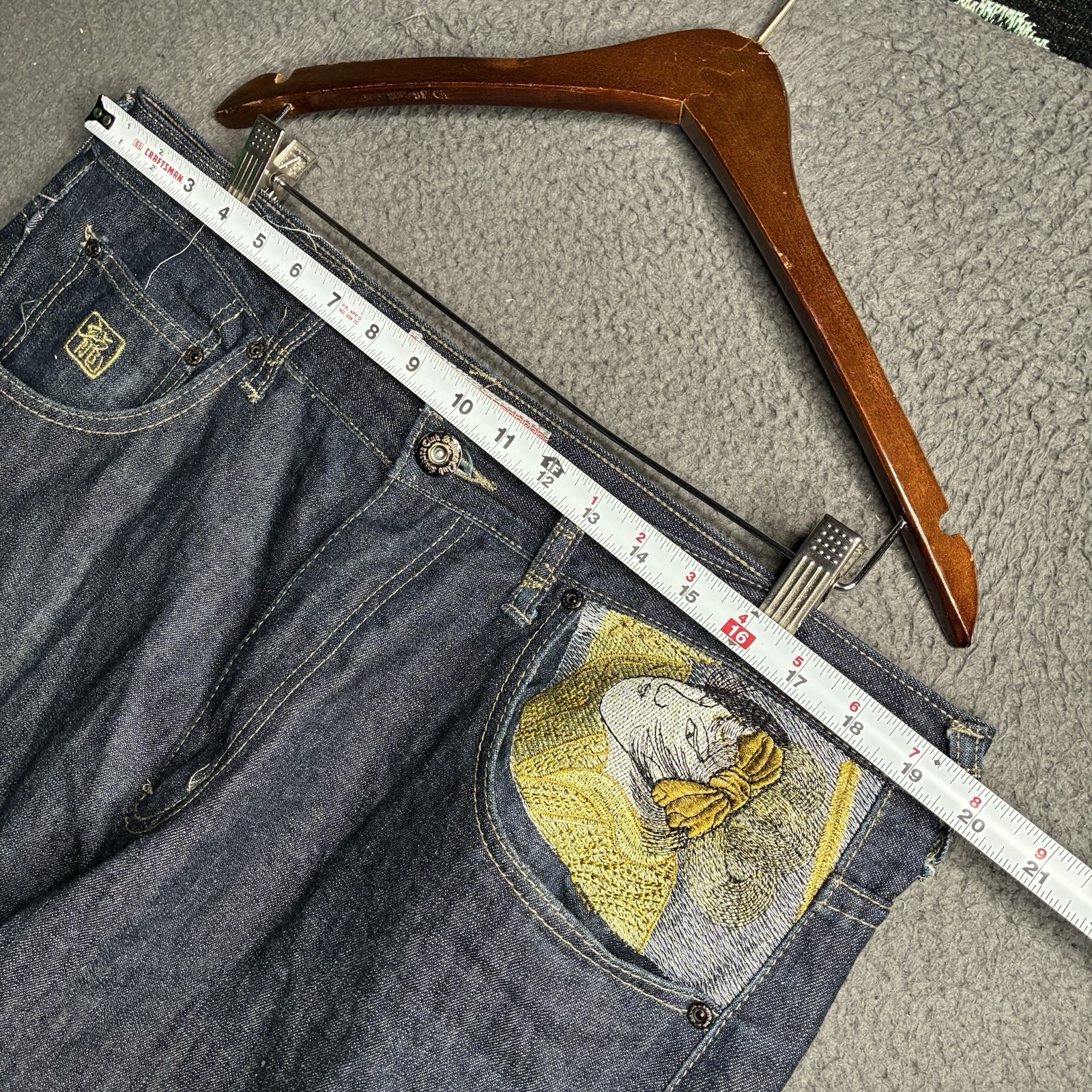 Vtg Martin Ksohoh Style Embroidered 38×34 Denim Jeans Wide Leg Baggy Broken Zip