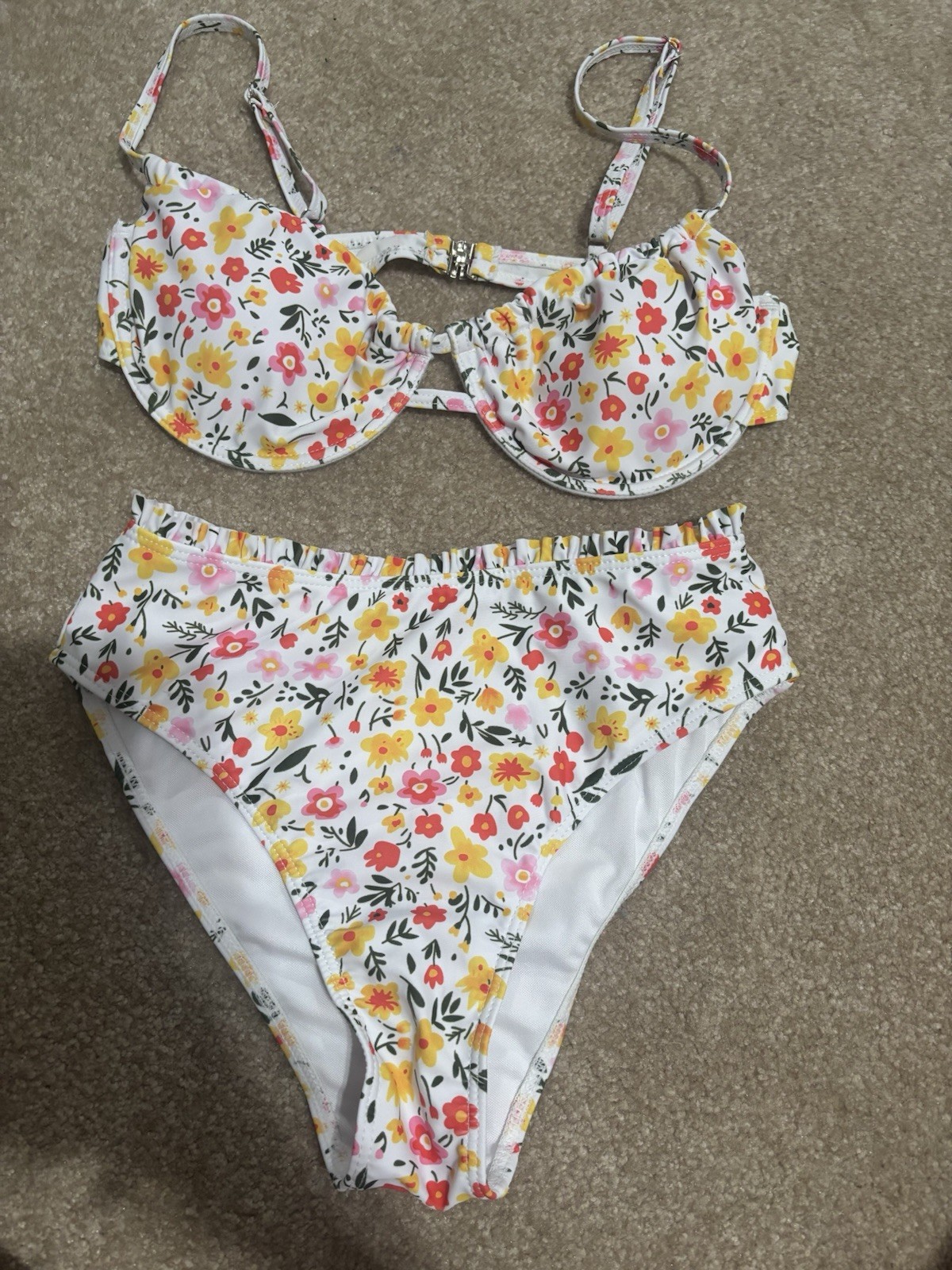 Women’s Floral 2-Piece Bikini Set High-Waist Bottom Stretch Size S White
