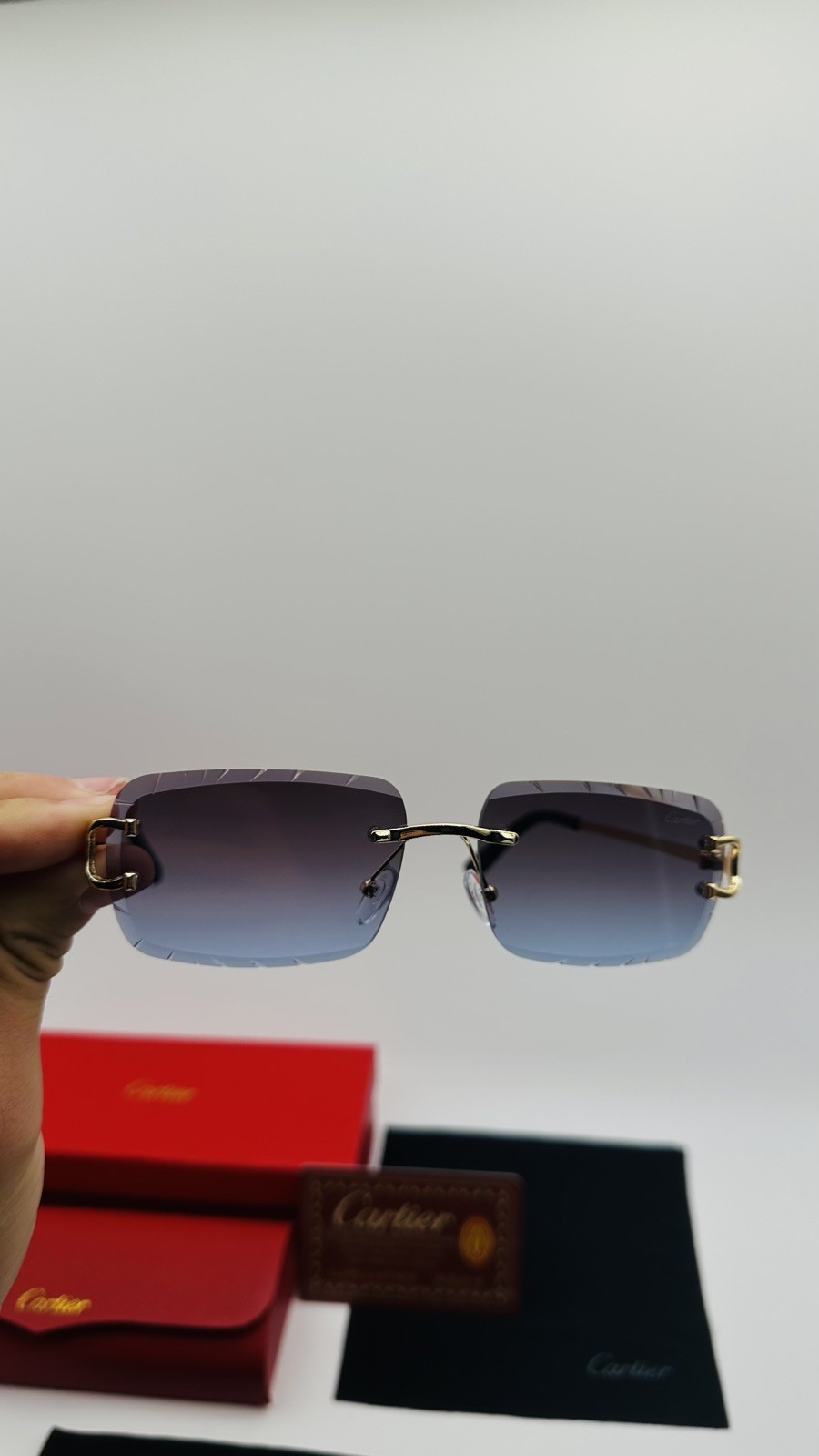 Cartier Big C Diamond Cut Red to Blue Fade Frameless Lens Gold Frame