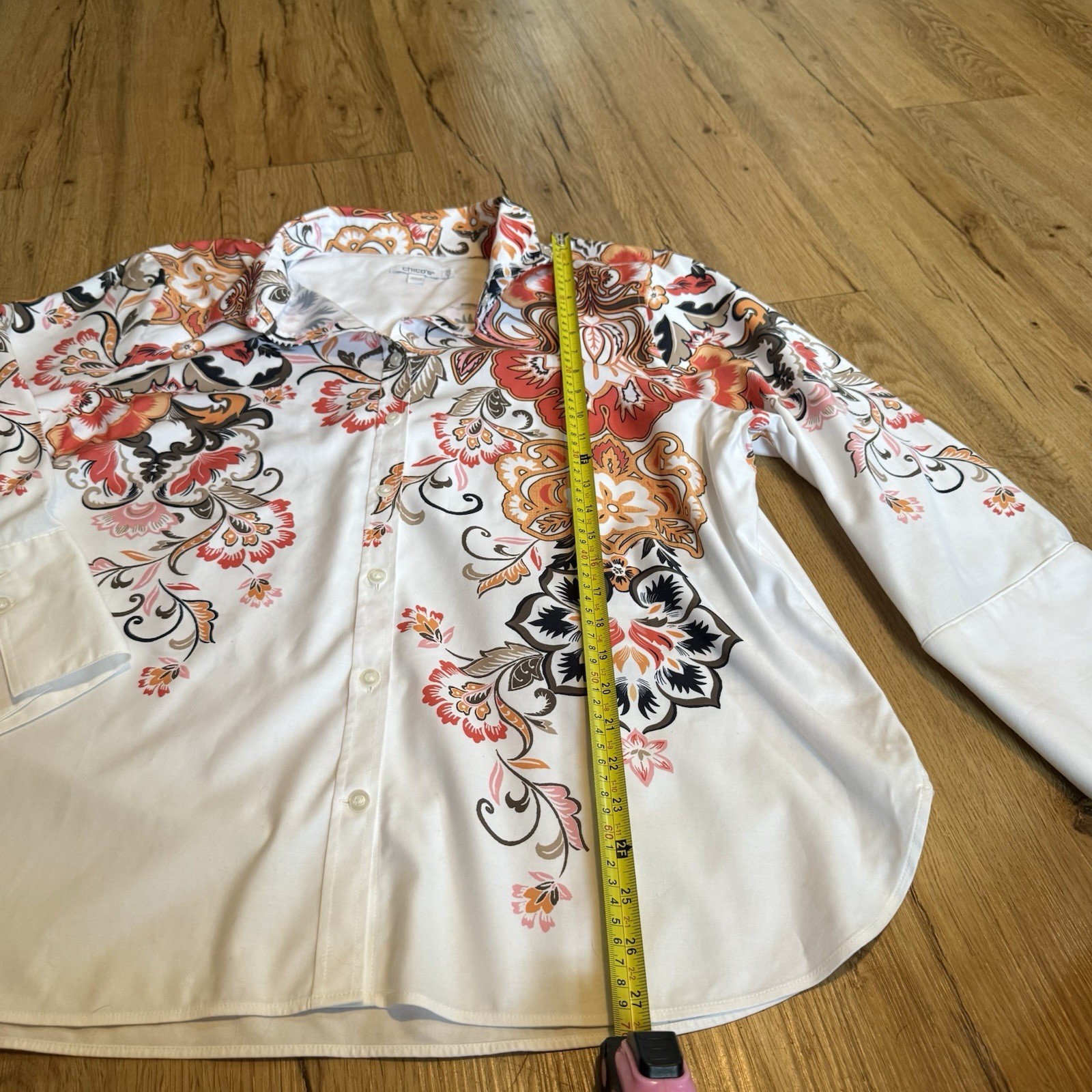 Chicos Women White Floral Print Button Down Tab Sleeve Size 3.5 18 Wester Trop