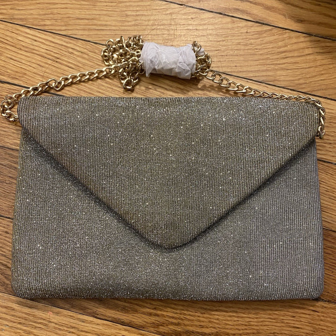 A New Day Gold Glitter Envelope Clutch Chain Strap Magnetic Closure Small