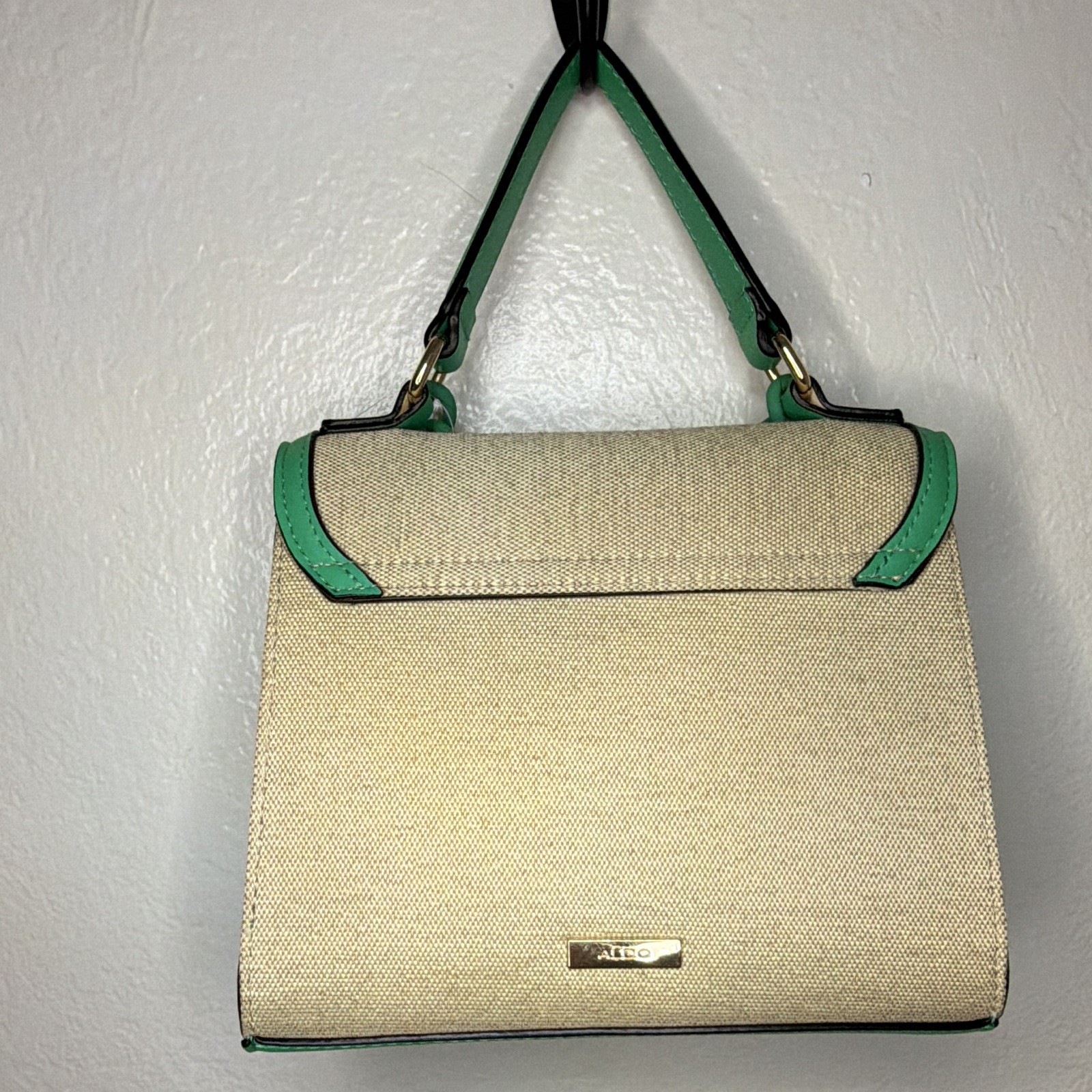 ALDO Beige/Green Satchel Top Handle Bag Magnetic Close, Chain Logo, Gold HW