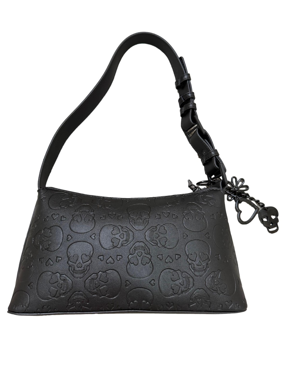 Betsey Johnson XO Marine Allover Skull Embossed Black Faux Leather Shoulder Bag
