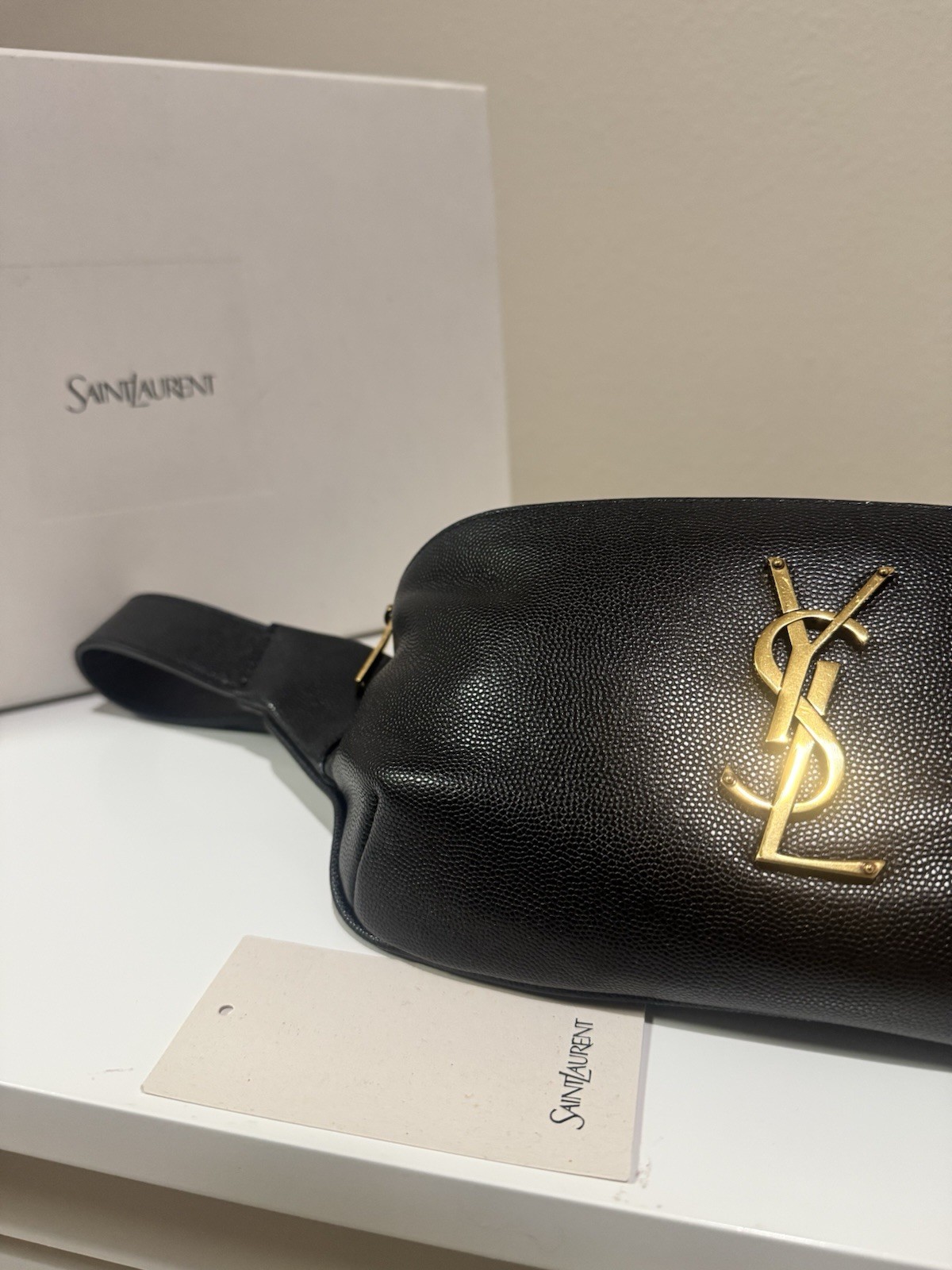 Saint Laurent YSL Cassandre Black Grained Leather Belt Bag Gold Hardware Box