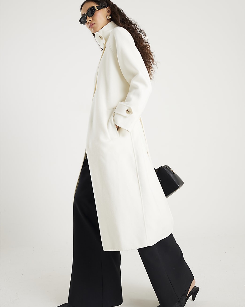 River Island Womens Wool/Acrylic Blend Longline Coat in Cream Size 6