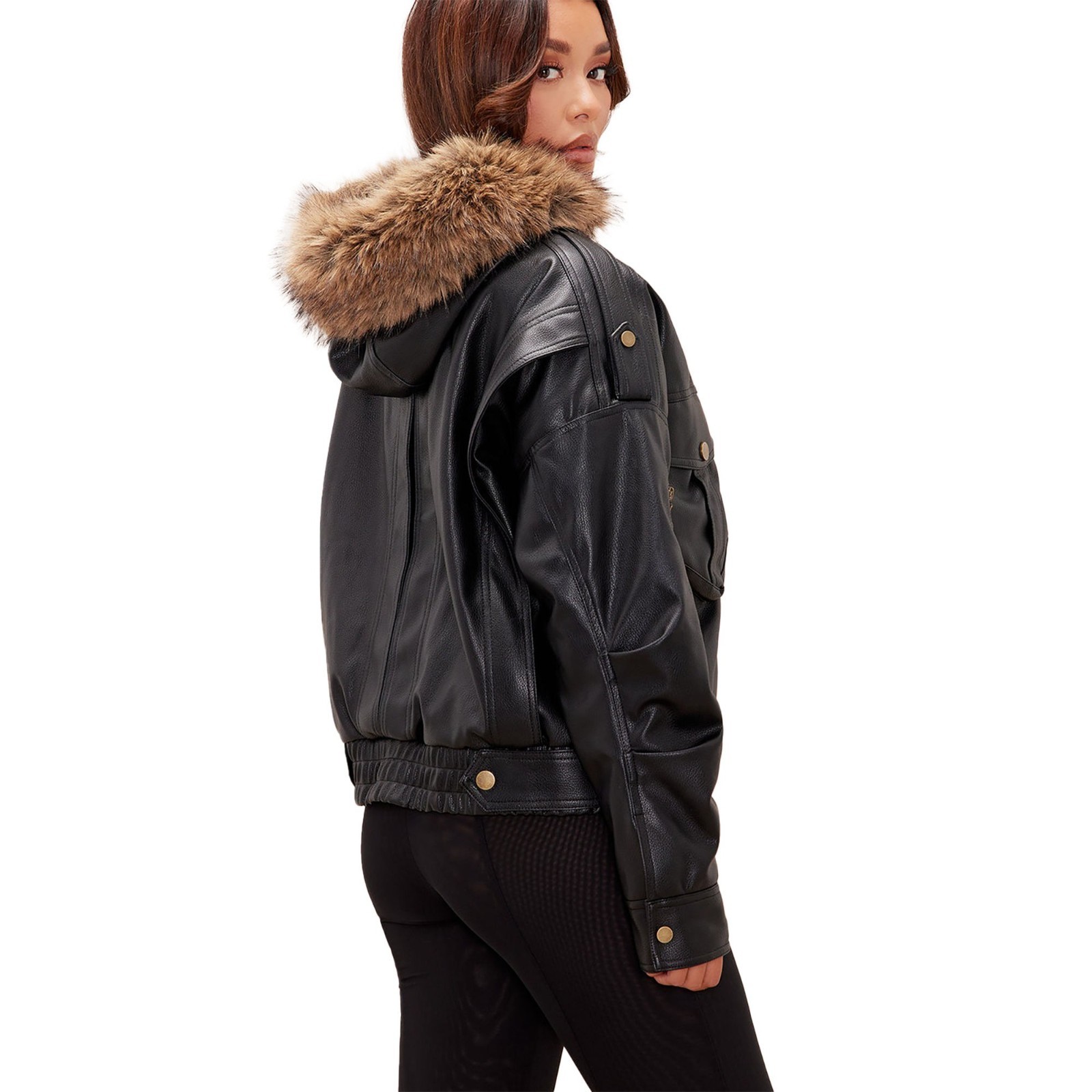 Women Real Leather Jacket Black Fur Hood Oversized Utility Bomber Coat