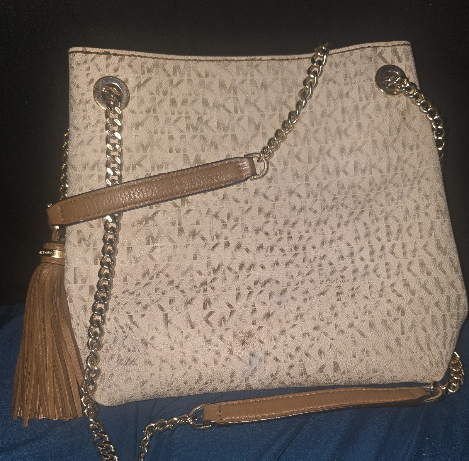 Michael Kors Logo Monogram Shoulder Bag Brown Strap Gold Hardware Tassel Charm