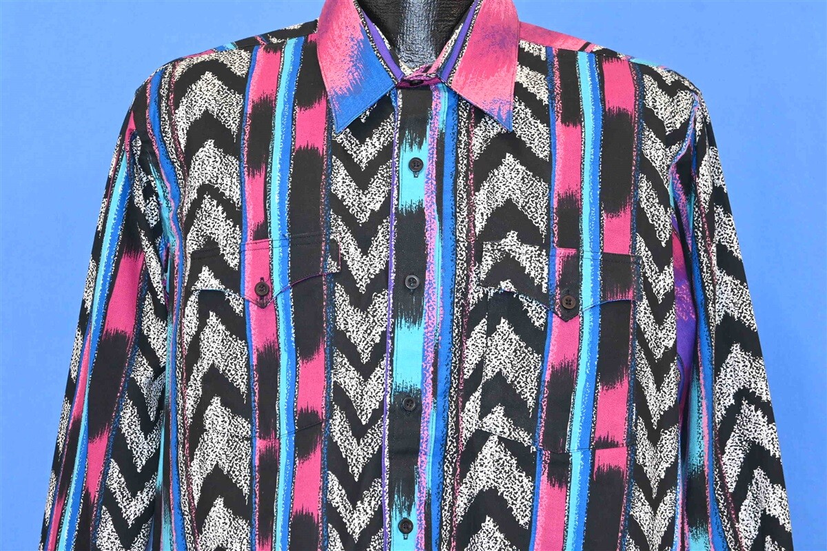 vtg 90s PLAINSMAN WESTERN AZTEC STRIPE COLORFUL MEN’S BUTTON DOWN SHIRT XL TALL