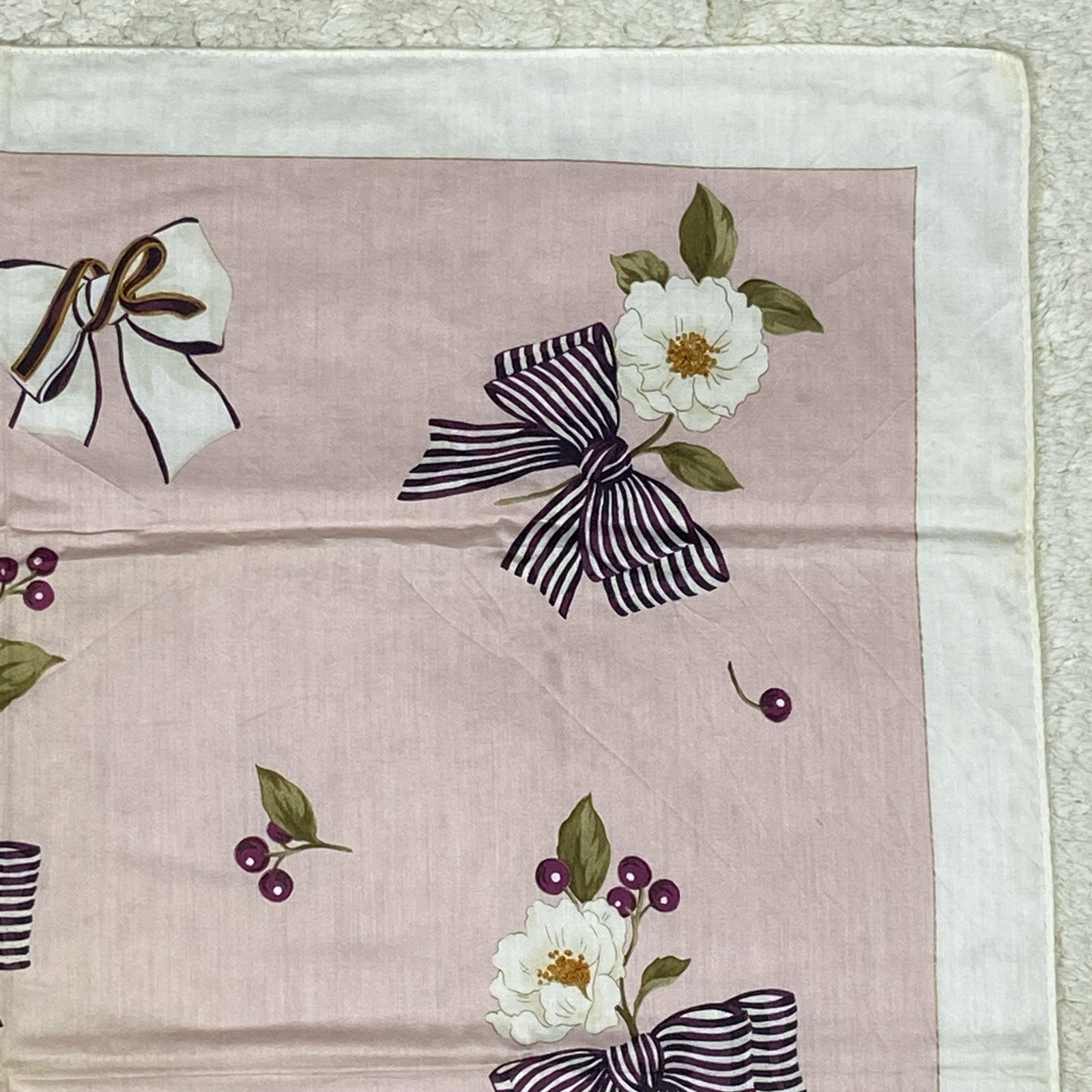 Nina Ricci Pocket Square Cotton Floral Bow Pink White 22”X22” Vintage
