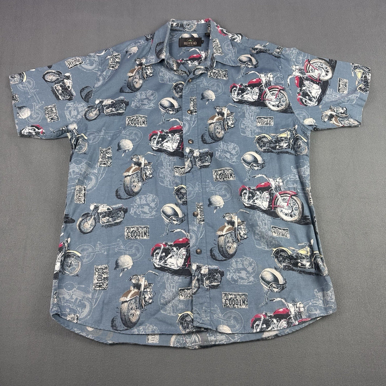 Redhead Motorcycle Camp Shirt Slate Blue Novelty Print Cotton Preowned
