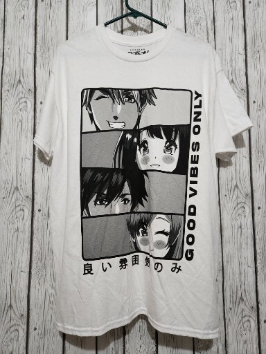 Mens Anime Shirt L Kanji Popular Poison Good Vibes Only Crew Neck White Japan