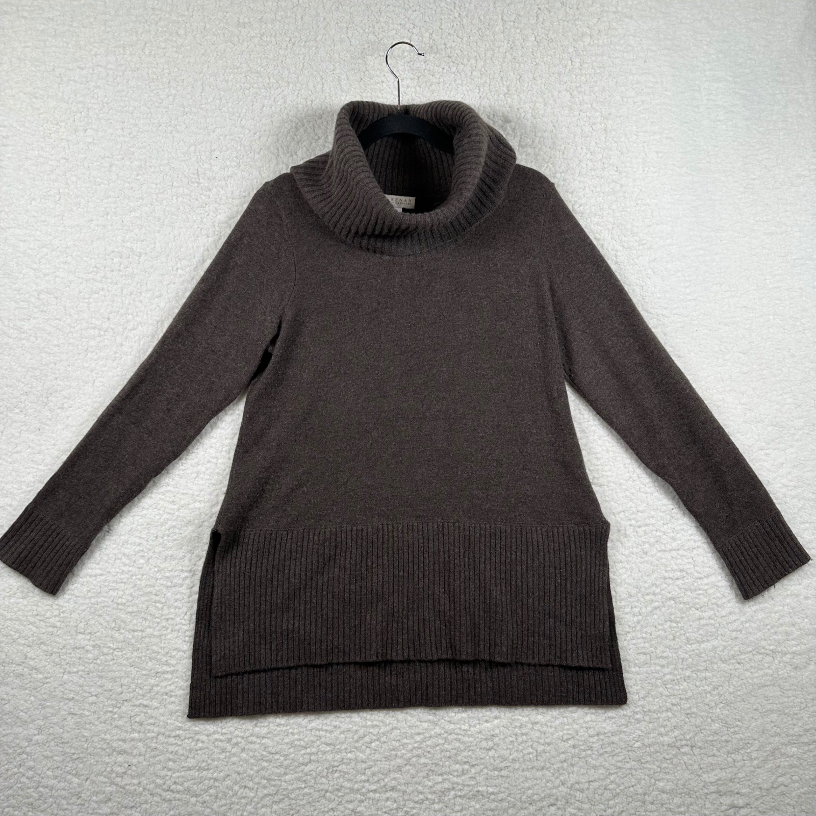 Kenar Brown 100% Cashmere Turtleneck Sweater High Low Hem Side Slit Womens Med