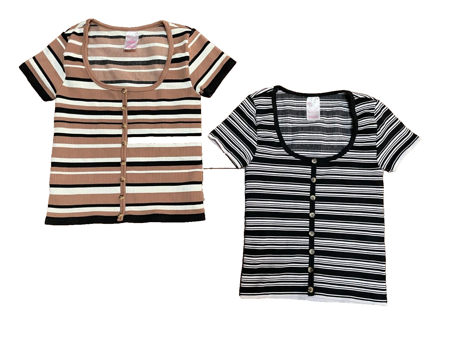 new NO BOUNDARIES Set of 2 Soft Knit TEES sz XS striped deep U neck line shirts
