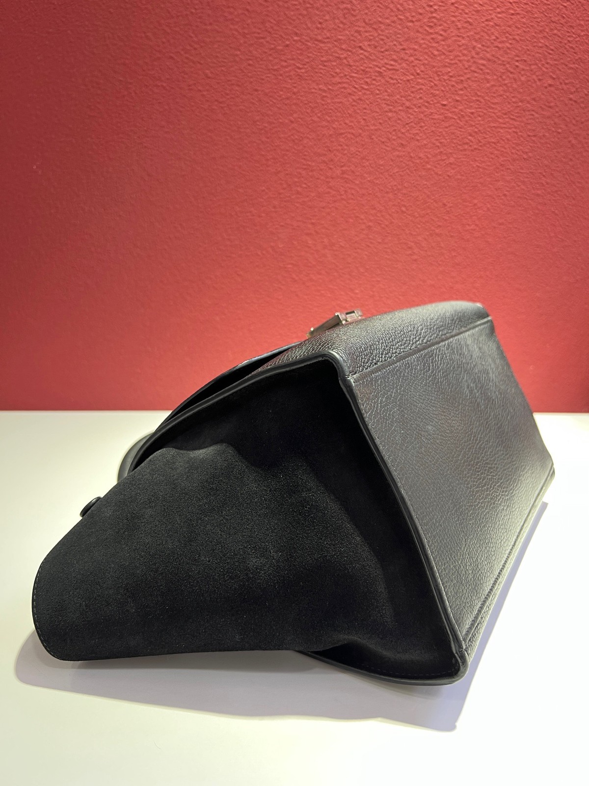 AUTH CELINE Trapeze Medium Black Grained Calfskin Suede Top Handle Crossbody Bag