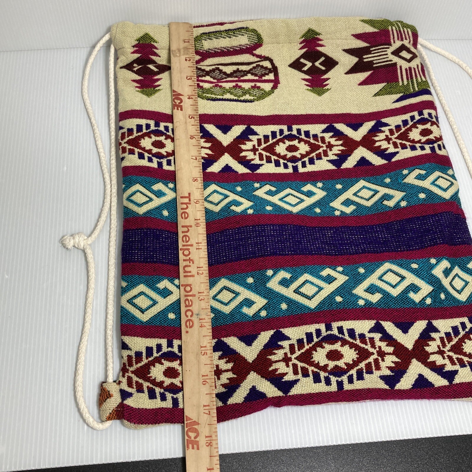 Artesanias Los Andes Drawstring Backpack Bag Ecuador Colorful Native Symbols