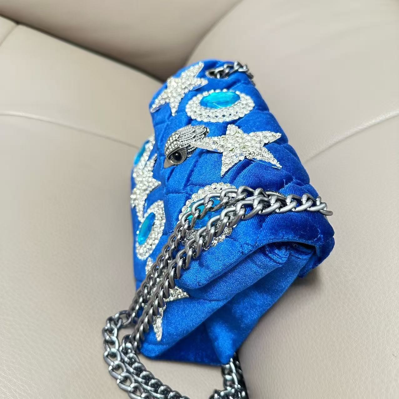 Kurt Geiger London Cobalt Velvet Quilted Crossbody Silver Eagle Star 20×8×15 cm
