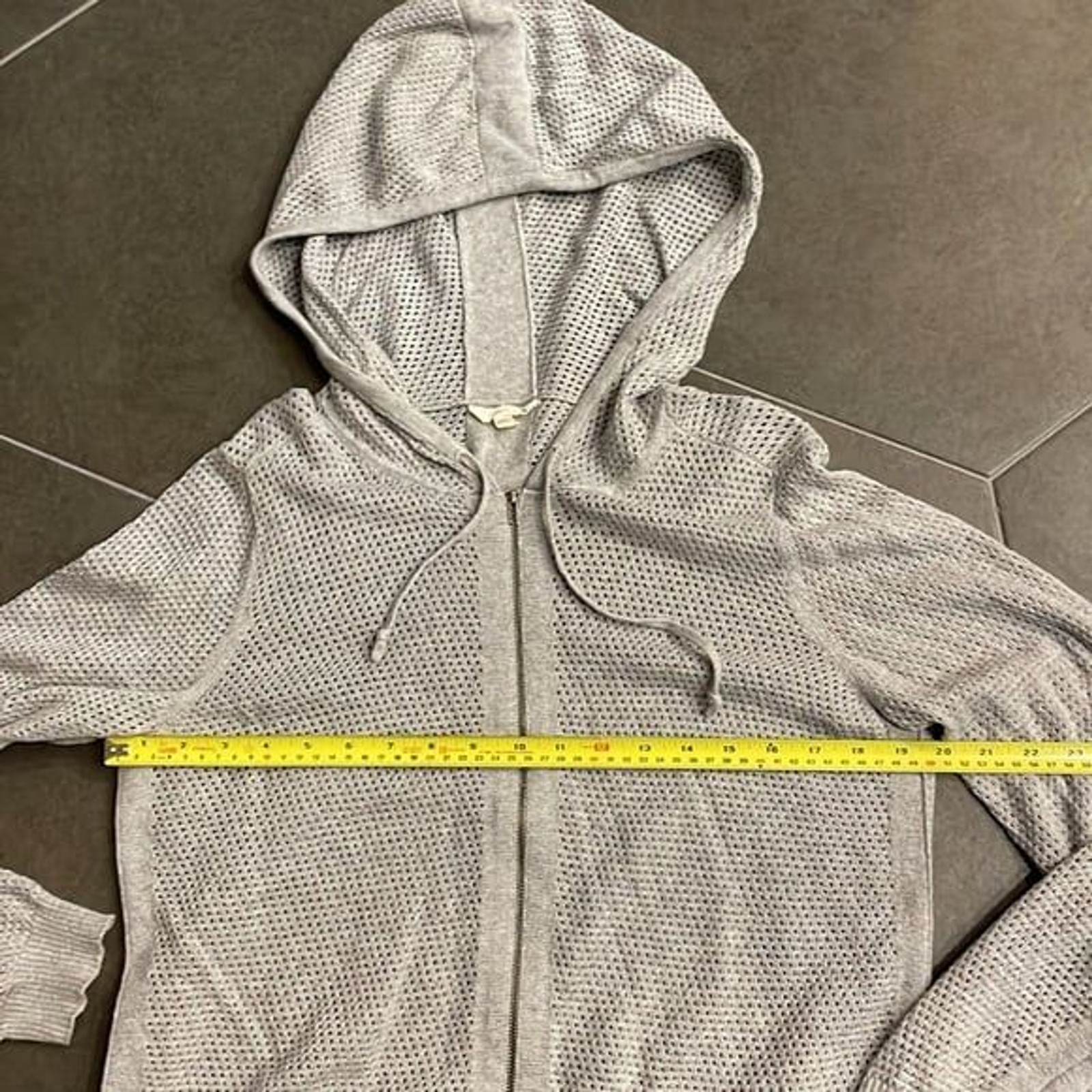 Eileen Fisher Gray Open Weave Hoodie Zip Front Sweater M