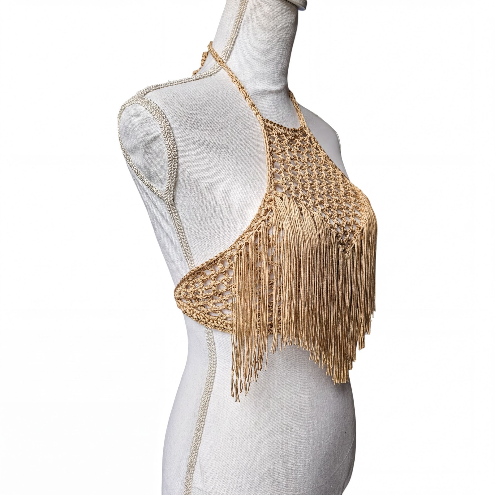 Handmade Crochet Halter Top Gold Small Fringe Boho Festival Sleeveless