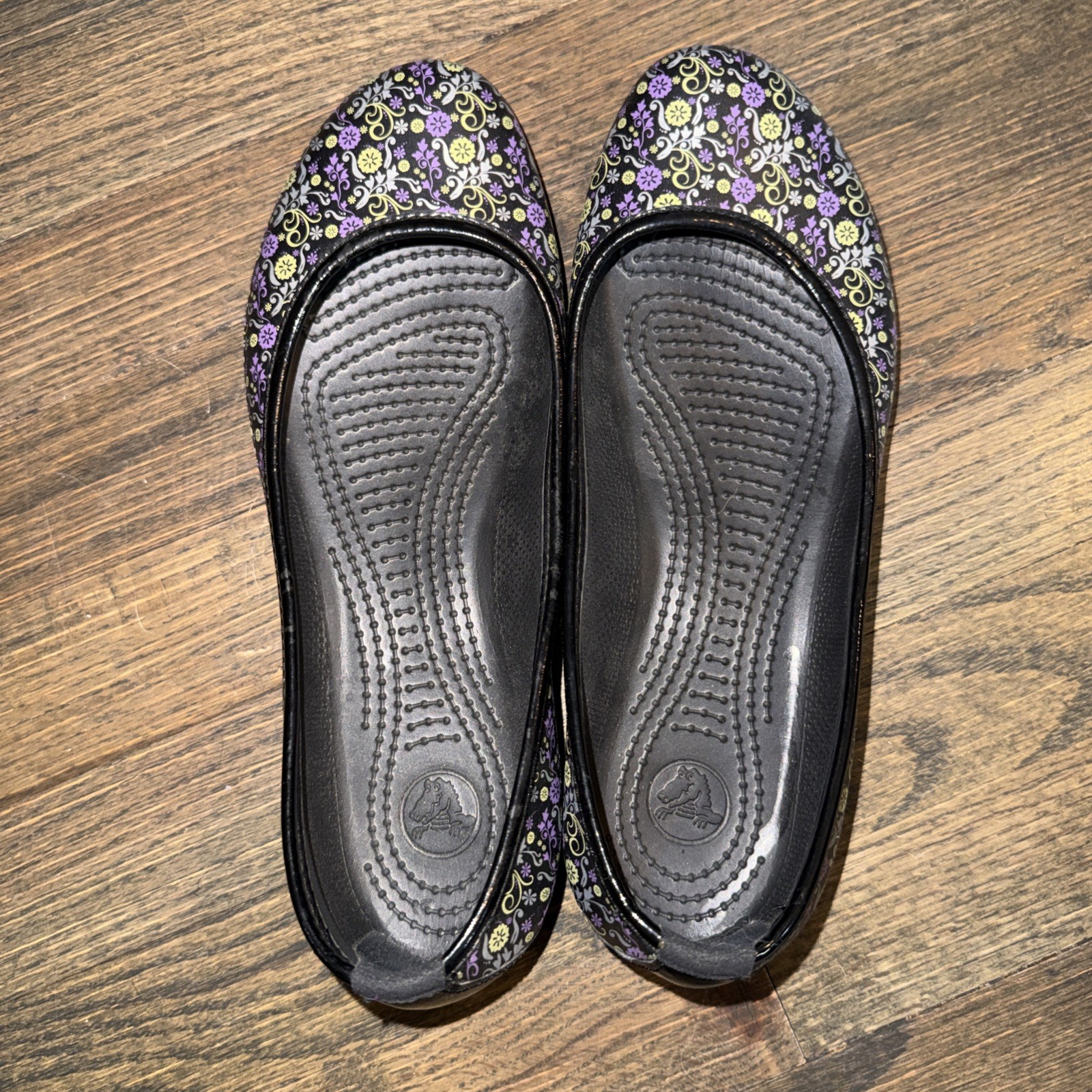 CROCS Kadee Shoes Womens Size 9 Black Floral Print Slip On Ballerina Flats