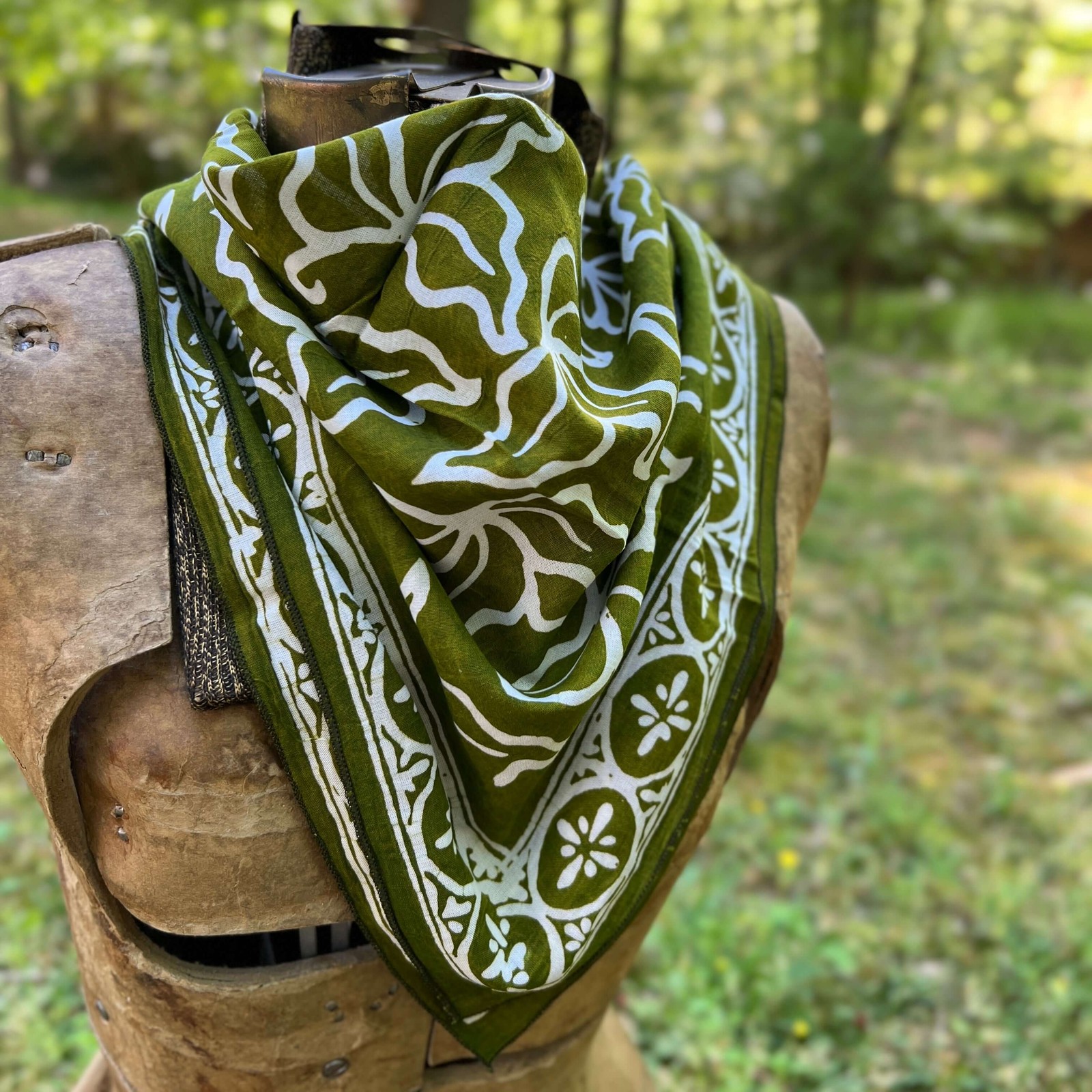 Hand Dyed Batik Bandana, 100% Soft Cotton, Jade Jungle in Olive